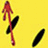 A pixelated red figure with dark limbs stands on a yellow background, holding two black elongated objects resembling pens or sticks.