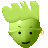 Pixelated green character with spiky hair, small black eyes, a subtle smile, and a yellow circular earring on the right side.