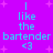 Pixelated text on a purple background with pink stars, displaying 'I like the bartender <3' in two identical vertical