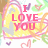 Pixelated icon with pink text "I LOVE YOU" over yellow heart surrounded by colorful swirls and small hearts.