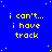 Blue background with yellow pixelated text reading "i can't... i have track" repeated in a pattern, scattered white dots, and a gray rectangle at bottom right