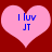 Two pink hearts on a red background with blue text reading "I luv JT" inside each heart.