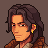 Pixel art portrait of a person with long dark hair, light skin tone, and yellow earrings against solid brown background.