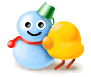 Blue cartoon character with green top hat, red scarf, and yellow cloud-shaped prop, standing on white base with red legs.