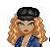 Pixelated image of a person with long blonde hair wearing a black cap and blue clothing, hands near face in a contemplative pose.