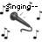 Pixelated black-and-white animation of two microphones and musical notes with text "Singing--" and "I OWN!"