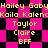Pixelated text in yellow on a pink and black checkered background, repeating names and terms across multiple