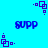 Blue background with purple pixelated text and geometric shapes in a repeating pattern.