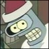 A cartoon robot with a red and white Santa hat, large round eyes, and a wide grin showing square teeth.
