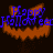 Pixelated orange pumpkin face with blue 'Happy Halloween' text above it on a dark background.