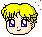 Pixel art head with yellow hair and blue eyes in four variations: open eyes on gray background, closed eyes on red background, closed eyes on red background, open eyes on red background.