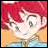 Pixelated anime-style character with red hair and light skin, wearing a blue and gold outfit, next to stylized text on a black background.