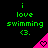 Green text reads 'i love swimming <3.' on black background with pink triangular shapes containing heart symbols.