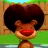 Pixelated cartoon character with large afro hair, red lips, and brown skin against a green and brown background.
