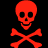 Two pixelated skull and crossbones icons side-by-side, one red on black background, the other black on red background.