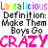 A static image displays repeated text elements in various colors and fonts, including 'LauraLicious', 'Definition: Make Them Boys Go', and 'CRAZY' with alternating pink and blue letters.