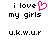 Pixelated text 'i love my girls u.k.w.u.r' with a pink heart symbol replacing the word 'heart' in the first line, displayed on white background.
