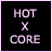 Black background with pink text 'HOT X CORE' at top left, grayscale facial close-ups in , and bottom-left text 'GUILT LIKE GRAVITY .COM'