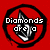 Red background with three circular black-outlined icons featuring a stylized diamond shape; two icons display text overlays while one shows only the diamond.
