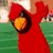 Red cartoon character with yellow beak and black eyes, arms raised, on green field background with red text overlays.
