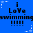 Blue background with repeated pixelated text and star motifs, featuring 'i LoVe' above 'swimming' and four exclamation marks in black.