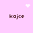 Pixelated pink background with four 'kajce' text blocks, white heart and starburst symbols, and a central white dot cluster.