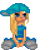 Pixel art contact sheet of a blonde doll character in blue outfit with teal cap, showing two animation frames side-by-side on white background.