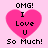 Four identical pink heart-shaped icons with black text reading "OMG! I Love U So Much!" on a light pink background.