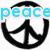 Three peace sign icons with text overlays: 'peace' in cyan, 'love' in green, and 'party' in pink.
