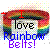 Pixelated icon with rainbow arc above text reading 'I love Rainbow Belts!' in black, blue, and purple lettering on a checkered background.