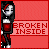 Pixel art contact sheet of a sad doll character with long black hair and red accents, displayed across five frames on a red background with "BROKEN INSIDE" text.