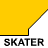 Animated contact sheet of a stick figure skater performing various poses on a yellow background with "SKATER" text below each frame.