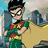 Pixelated character with black hair and glasses wears green outfit with red accents, standing against blurred background.