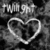 Black-and-white pixelated image with stylized text above a heart outline, set against a dark background.