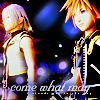 Two anime-style figures stand side-by-side against a dark background with blue and purple bokeh lights; one figure has light purple hair and wears a sleeveless top, the other has orange hair and a black jacket with white accents.