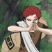 Red-haired anime character in brown uniform with white scarf performs hand signs, transitioning to star-shaped energy effect against green foliage background.