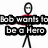 A four- animated sequence shows a stick figure with a red cape and glasses, transitioning from a simple pose to a dynamic action scene with a rocket, then to a final pose with text