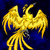 Golden phoenix with outstretched wings and flowing tail feathers against dark blue background, rendered in pixelated style.
