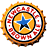 Circular icon with layered rings featuring a central blue star on yellow, surrounded by red and white patterns and an orange-brown outer border.