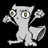 Pixelated gray cartoon creature with large green eyes and raised arms stands on black background, surrounded by white text fragments.