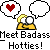 Pixel art of yellow cartoon figures with white eyes, each in a speech bubble with 'sex' or a red heart, repeated across a gray background with 'Meet Badass Hotties!' text.