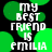 Green circular shapes on black background with white text reading "MY BEST FRIEND IS EMILIA" in pixelated font.