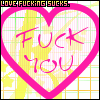 Static pixel art icon featuring a pink heart outline with "FUCK YOU" text inside, set against a yellow and green grid background with top banner text.