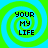 Four identical pixelated spiral icons with green and cyan rings, each displaying 'YOUR MY LIFE' text in black block letters.