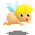 Pixelated angel with blonde hair, light blue wings, and red lips in four sequential poses showing wing position changes.