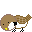 Pixelated bird with brown head and wings, white chest, black beak, yellow eye dot, standing on gray background in various poses.