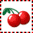 Animated sequence of cherry icons showing progressive size reduction from large to small while maintaining red fruit, green leaves, and white background.
