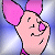 Pixelated cartoon pig character with pink ears and snout, winking eye, smiling mouth, and purple collar against blue gradient background.