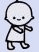 Pixelated cartoon character with rounded head, small black eyes, and a subtle smile stands against light blue background in two sequential poses.