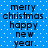 Blue background with white dots and repeated text 'merry christmas. happy new year.' in black pixelated font.